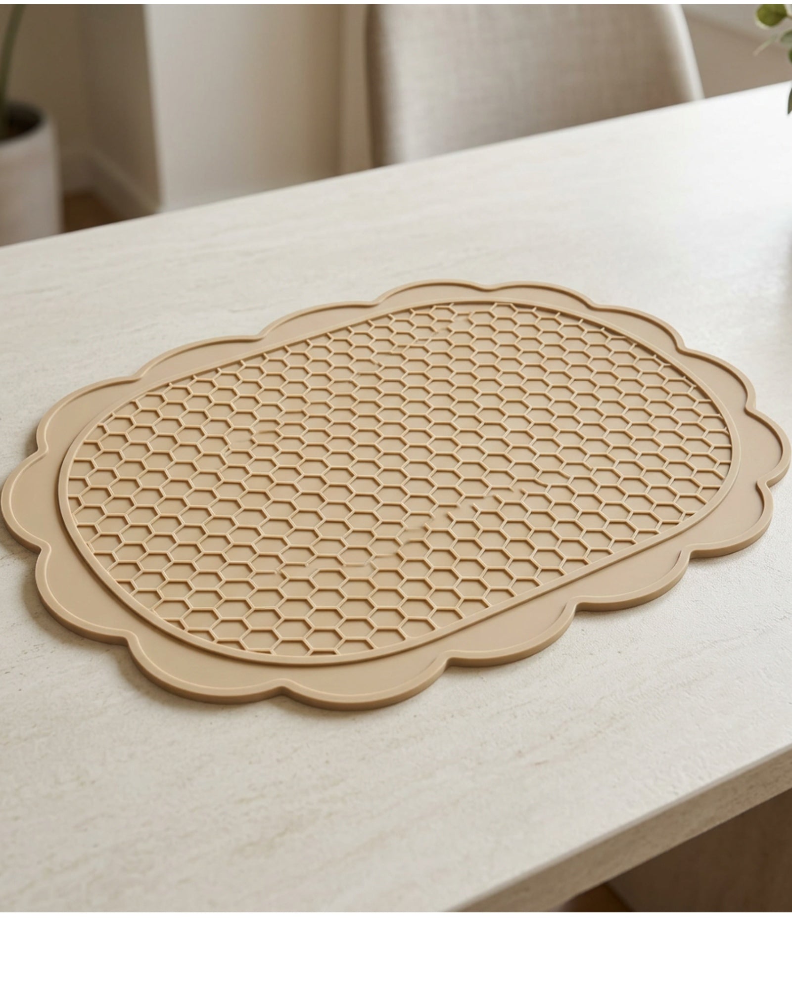 Rmvxj Scalloped Honeycomb Silicone Placemat 16 x 12 in Warm Sand - Lifestyle view